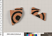 Terracotta fragments of a kylix: eye-cup (drinking cup), Terracotta, Greek, Attic