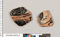 Terracotta fragments of a kylix: eye-cup (drinking cup), Terracotta, Greek, Attic