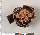Terracotta fragment of a stemless kylix (drinking cup), Terracotta, Greek, Attic