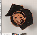Terracotta fragment of a kylix: eye-cup (drinking cup), Terracotta, Greek, Attic