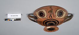 Terracotta fragment of a kylix: eye-cup (drinking cup), Terracotta, Greek, Attic