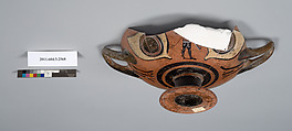 Terracotta fragment of a kylix: eye-cup (drinking cup), Terracotta, Greek, Attic
