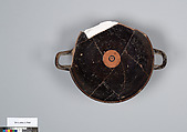Terracotta fragment of a kylix: eye-cup (drinking cup), Terracotta, Greek, Attic