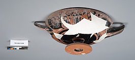 Terracotta fragment of a kylix: eye-cup (drinking cup), Terracotta, Greek, Attic