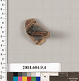Terracotta fragment of a kylix (drinking cup), Terracotta, Greek, Laconian