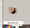 Terracotta fragment of a stemless kylix (drinking cup), Terracotta, Greek, Attic