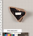 Terracotta fragment of a stemless kylix (drinking cup), Terracotta, Greek, Attic
