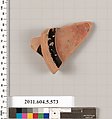 Terracotta fragment of a stemless kylix (drinking cup), Terracotta, Greek, Attic