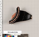 Terracotta fragment of a stemless kylix (drinking cup), Terracotta, Greek, Attic