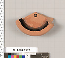 Terracotta fragment of a stemless kylix (drinking cup), Terracotta, Greek, Attic