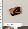 Terracotta fragment of a kylix (drinking cup), Attributed to the Painter of Berlin 2268 [DvB], Terracotta, Greek, Attic