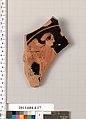 Terracotta fragment of a stemless kylix (drinking cup), Terracotta, Greek, Attic