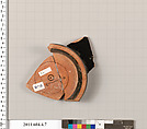 Terracotta fragment of a stemless kylix (drinking cup), Terracotta, Greek, Attic