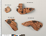 Terracotta fragments of a kylix: Komast cup (drinking cup), Attributed to the Falmouth Painter [DvB], Terracotta, Greek, Attic