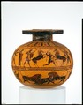 Terracotta aryballos (oil flask), Attributed to the Amasis Painter, Terracotta, Greek, Attic