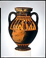 Terracotta amphora (jar), Attributed to the Amasis Painter, Terracotta, Greek, Attic