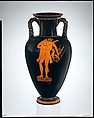 Terracotta neck-amphora (jar) with twisted handles, Attributed to the Kleophrades Painter, Terracotta, Greek, Attic