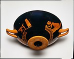 Terracotta kylix (drinking cup), Attributed to Psiax, Terracotta, Greek, Attic