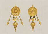 Gold disk earring with a female head and cone pendants, Gold, Greek