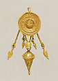 Gold disk earring with a female head and cone pendants, Gold, Greek