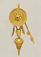 Gold disk earring with a female head and cone pendants, Gold, Greek