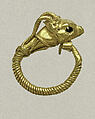 Gold earring with head of an antelope, Gold, Greek