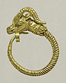 Gold earring with head of an antelope, Gold, Greek