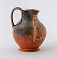 Terracotta oinochoe: chous (jug), Attributed to the Amasis Painter, Terracotta, Greek, Attic