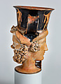 Terracotta kantharos (drinking cup with two vertical handles): heads of a satyr and a woman, Attributed to Aison, Terracotta, Greek, Attic