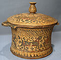 Terracotta pyxis with lid, Terracotta with black and red paint, Greek, Corinthian