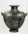 Bronze hydria (water jar) with silver inlay, Bronze, silver, Greek