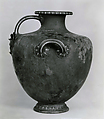 Bronze hydria (water jar) with silver inlay, Bronze, silver, Greek