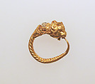 Gold earring with two bulls' heads, Gold, Greek