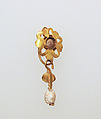 Earring with pendant and beryl and pearl settings, Gold, beryl, pearl