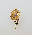 Earring with pendant and disc and pearl setting, Gold, pearl