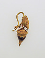 Earring with disc, amphora, chains, Gold, garnet