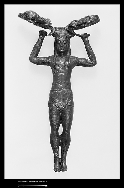Bronze patera handle in the form of a young woman