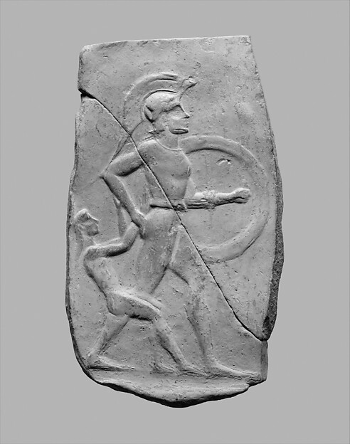 Terracotta relief of a warrior dragging a captive, ca. 540–520 BCE