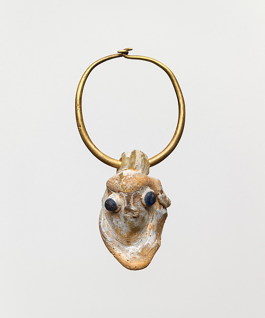 Gold earring with a glass pendant in the form of a demonic mask by an unrecorded maker, The Metropolitan Museum of Art