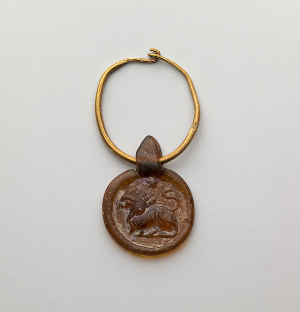 Gold hoop with glass pendant stamped disk by an unrecorded maker, The Metropolitan Museum of Art