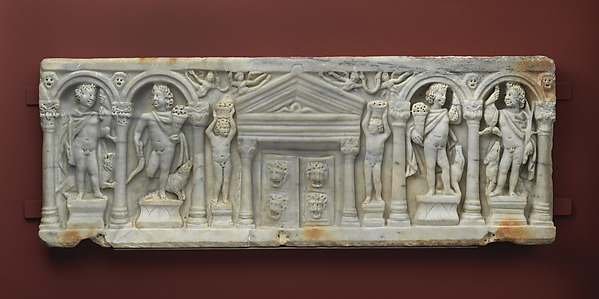 Marble front of a child's columnar sarcophagus with the Seasons