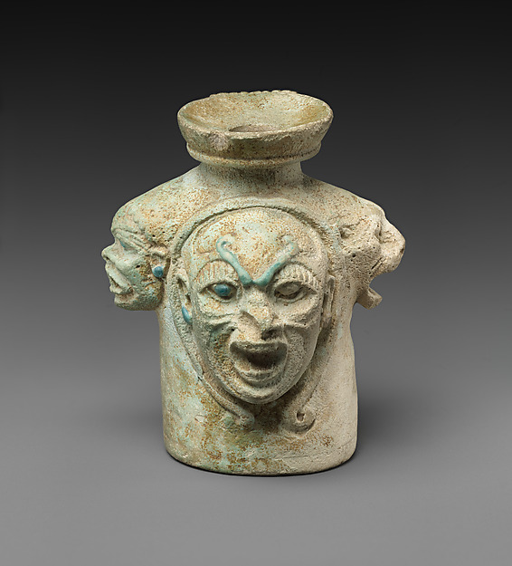 Faience aryballos (perfume vase) in the form of four heads by an unrecorded maker, The Metropolitan Museum of Art