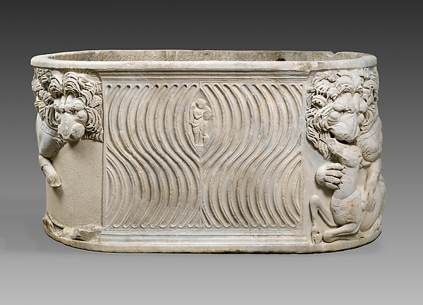 Marble sarcophagus with lions felling antelope