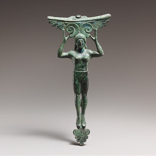 Bronze patera handle in the form of a young woman