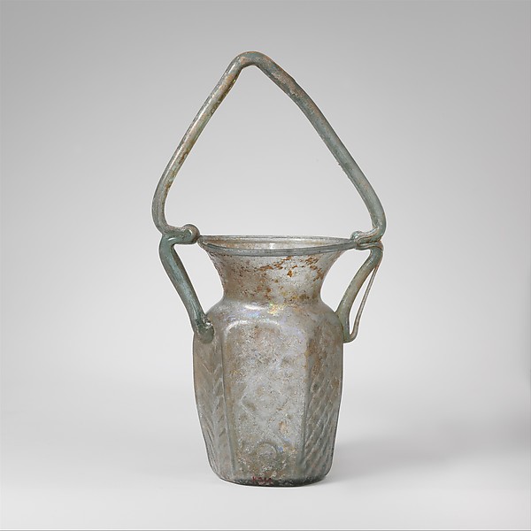 Glass hexagonal jar with basket handle by an unrecorded maker, The Metropolitan Museum of Art