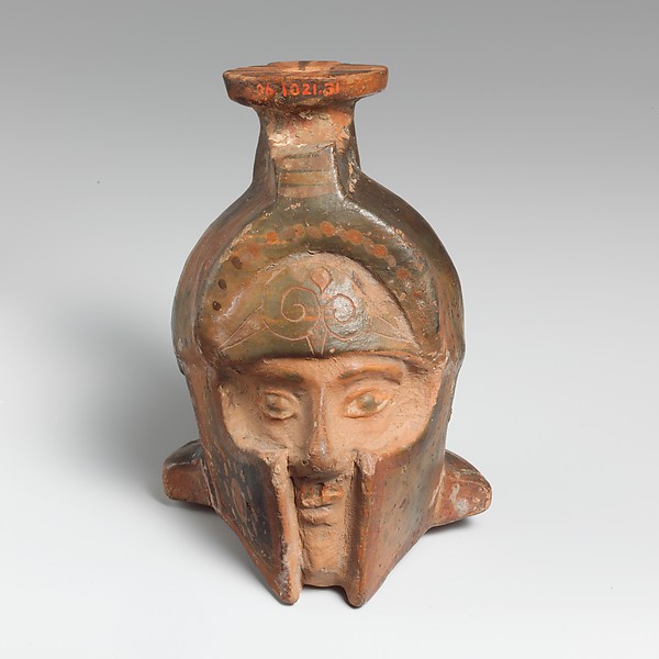Aryballos (perfume flask) in the form of a helmeted head by an unrecorded maker, The Metropolitan Museum of Art