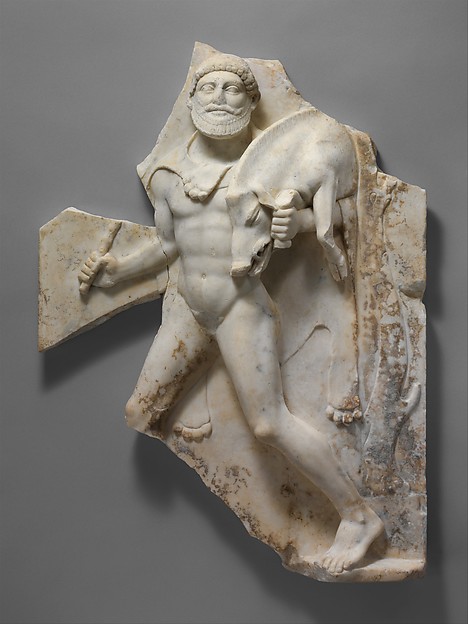 Marble relief with Herakles carrying the Erymanthian Boar
