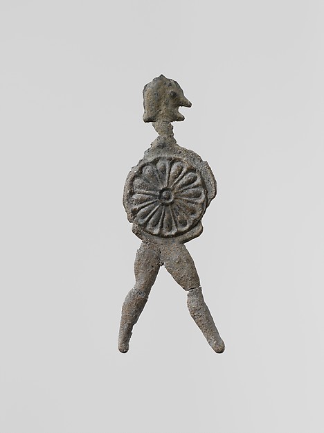 Lead figure of a warrior with a helmet and shield by an unrecorded maker, The Metropolitan Museum of Art