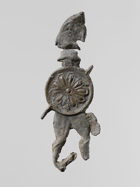 Lead figure of a warrior with a helmet and shield by an unrecorded maker, The Metropolitan Museum of Art