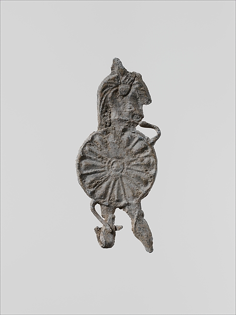Lead figure of a warrior with a helmet, shield, and spear by an unrecorded maker, The Metropolitan Museum of Art